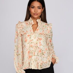 CeCe Floral Lace Blouse Pink Long Sleeve Top Feminine Mock Neck Pearls Small